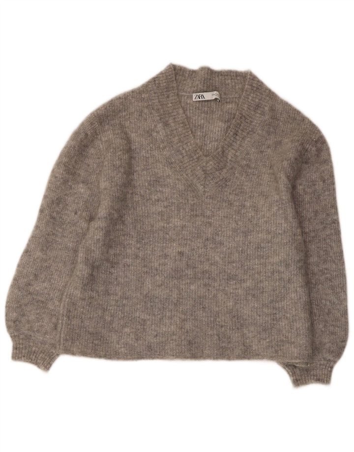 ZARA Damen Crop V-Ausschnitt Pullover Pullover UK 14 Mittelgrau meliert