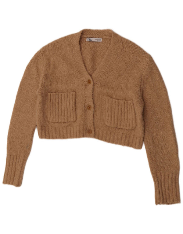 Zara Damen Crop Cardigan Pullover UK 14 Mittelbeige Alpakawolle