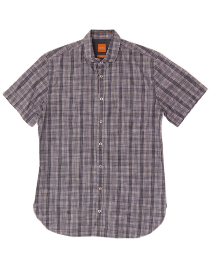 Hugo Boss Herren Kurzarm-Slim-Fit-Hemd aus mittelblau karierter Baumwolle