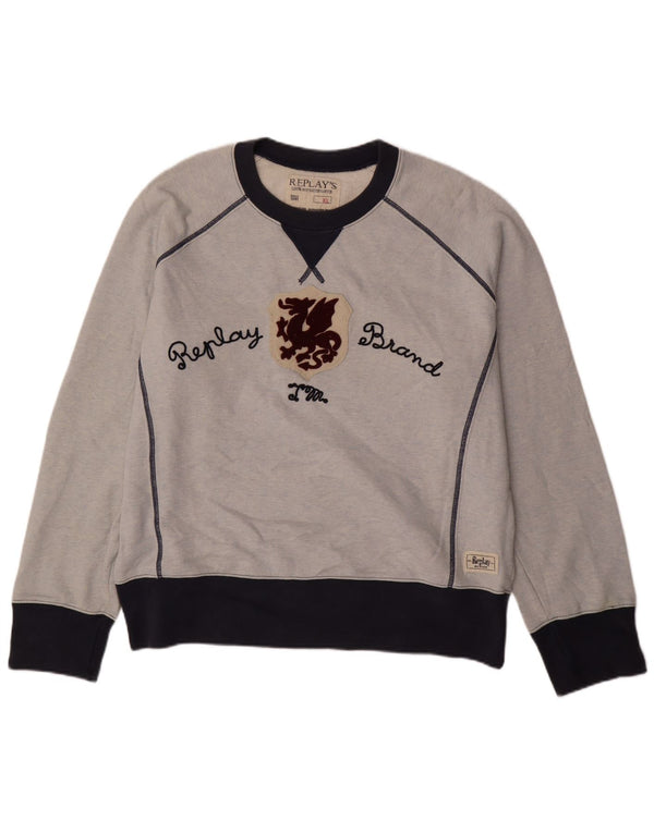 REPLAY Mens Graphic Sweatshirt Jumper XL Blue Colourblock Cotton