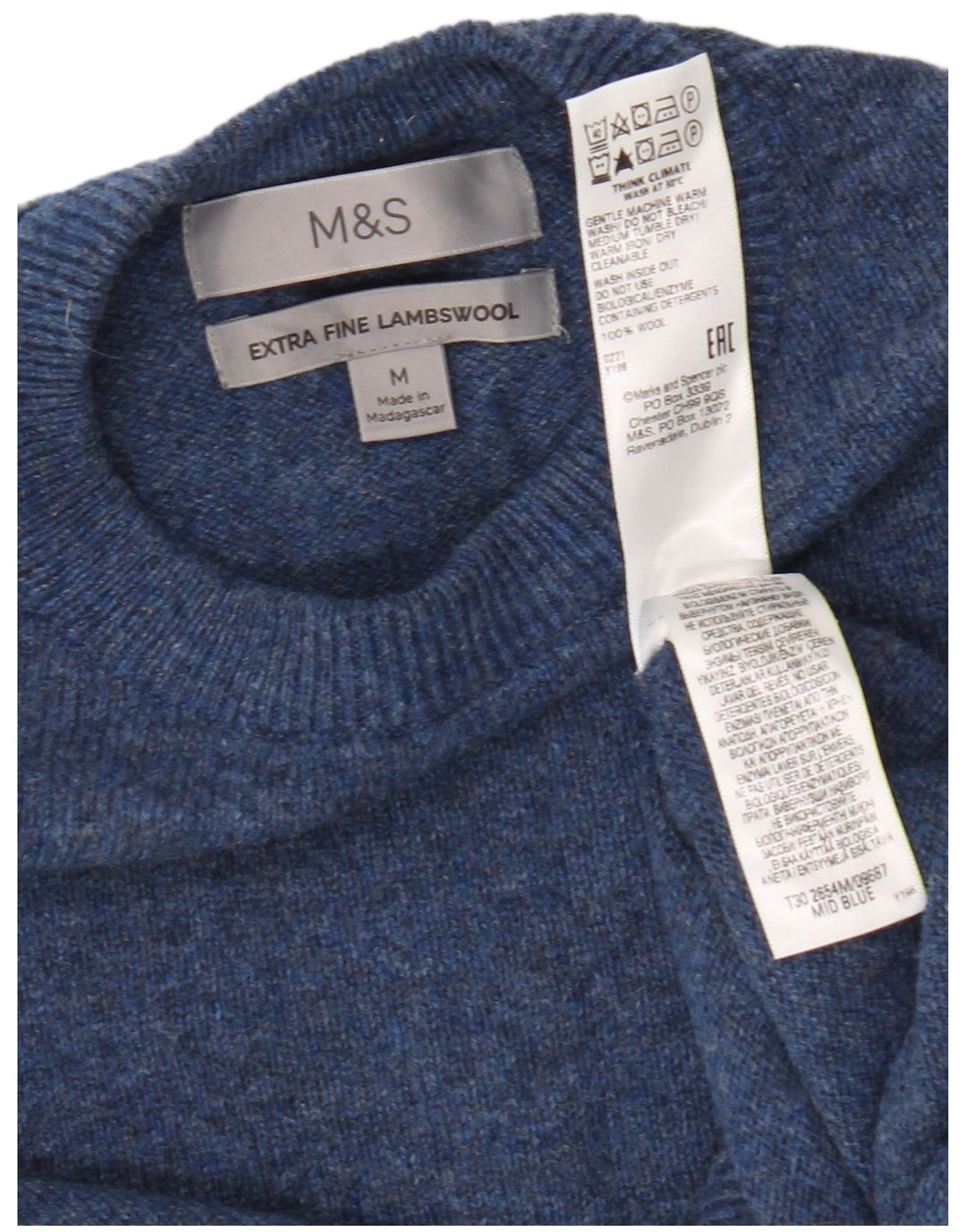 Marks & Spencer Herren-Pullover mit Rundhalsausschnitt, mittelblaue Wolle