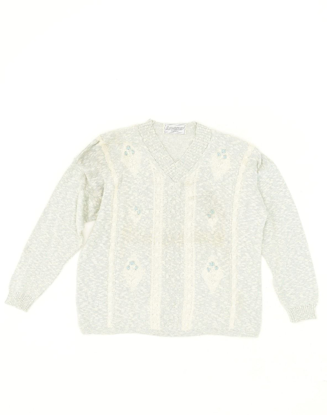 VINTAGE Womens V-Neck Jumper Sweater UK 12  Medium Blue Floral Cotton | Vintage Vintage | Thrift | Second-Hand Vintage | Used Clothing | Messina Hembry 