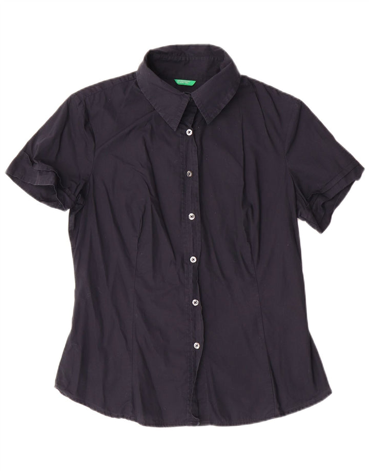 BENETTON Damen Kurzarmhemd UK 14 Large Marineblau Baumwolle