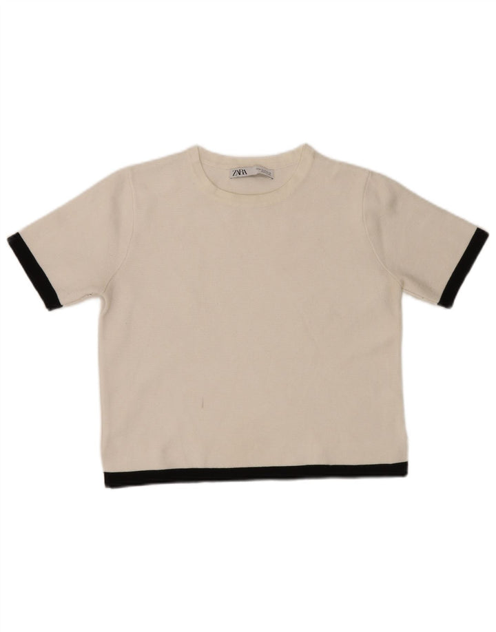 Zara Damen Crop T-Shirt Top UK 12 Mittelweiß Farbblock