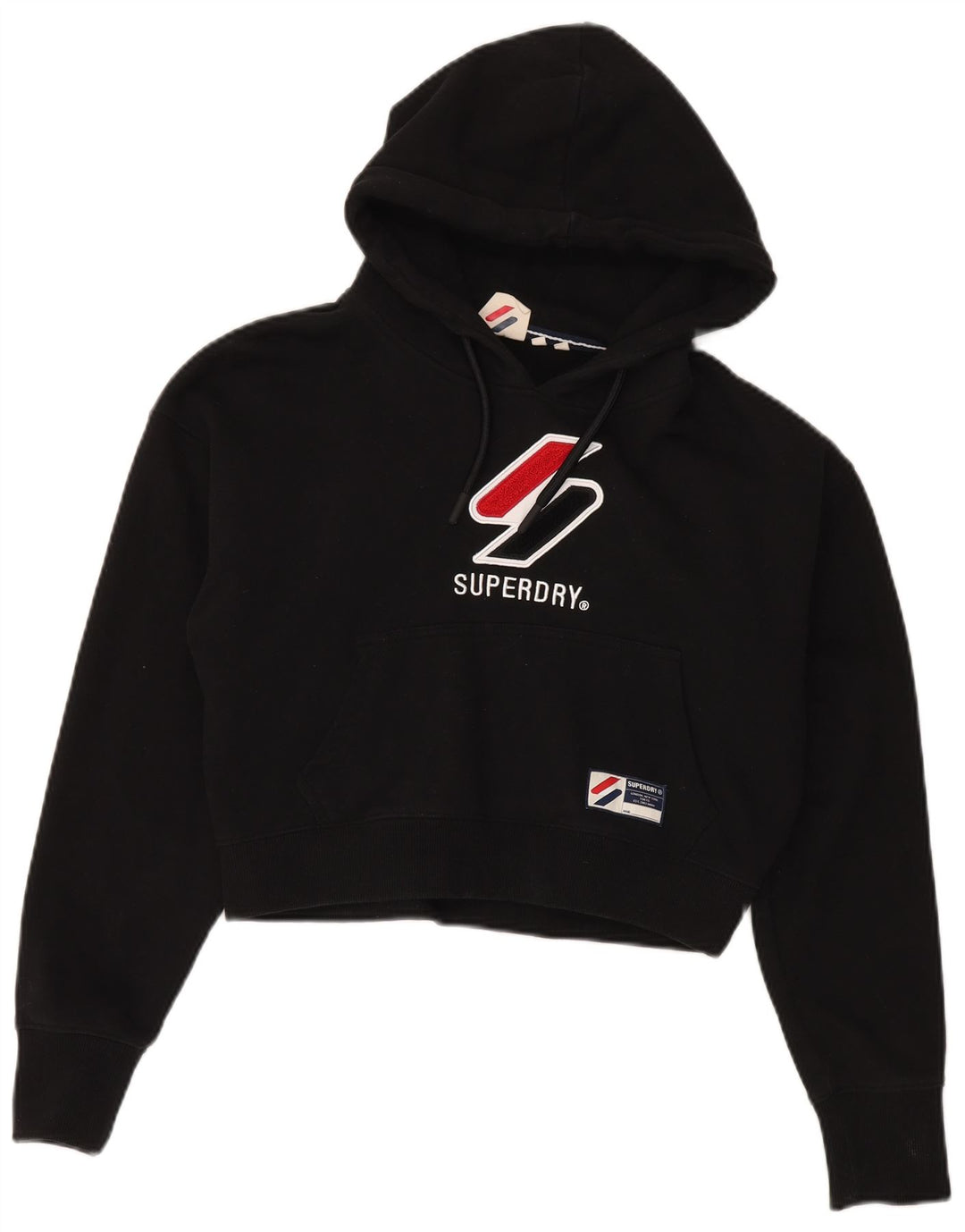 Superdry Damen Übergroßer grafischer Crop-Hoodie-Pullover UK 12 Medium Schwarz
