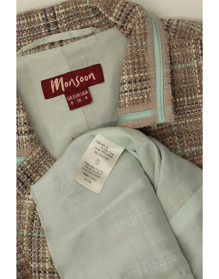 Monsoon Damen-Blazer mit 3 Knöpfen, Gr. 8, klein, grün kariert, Seide