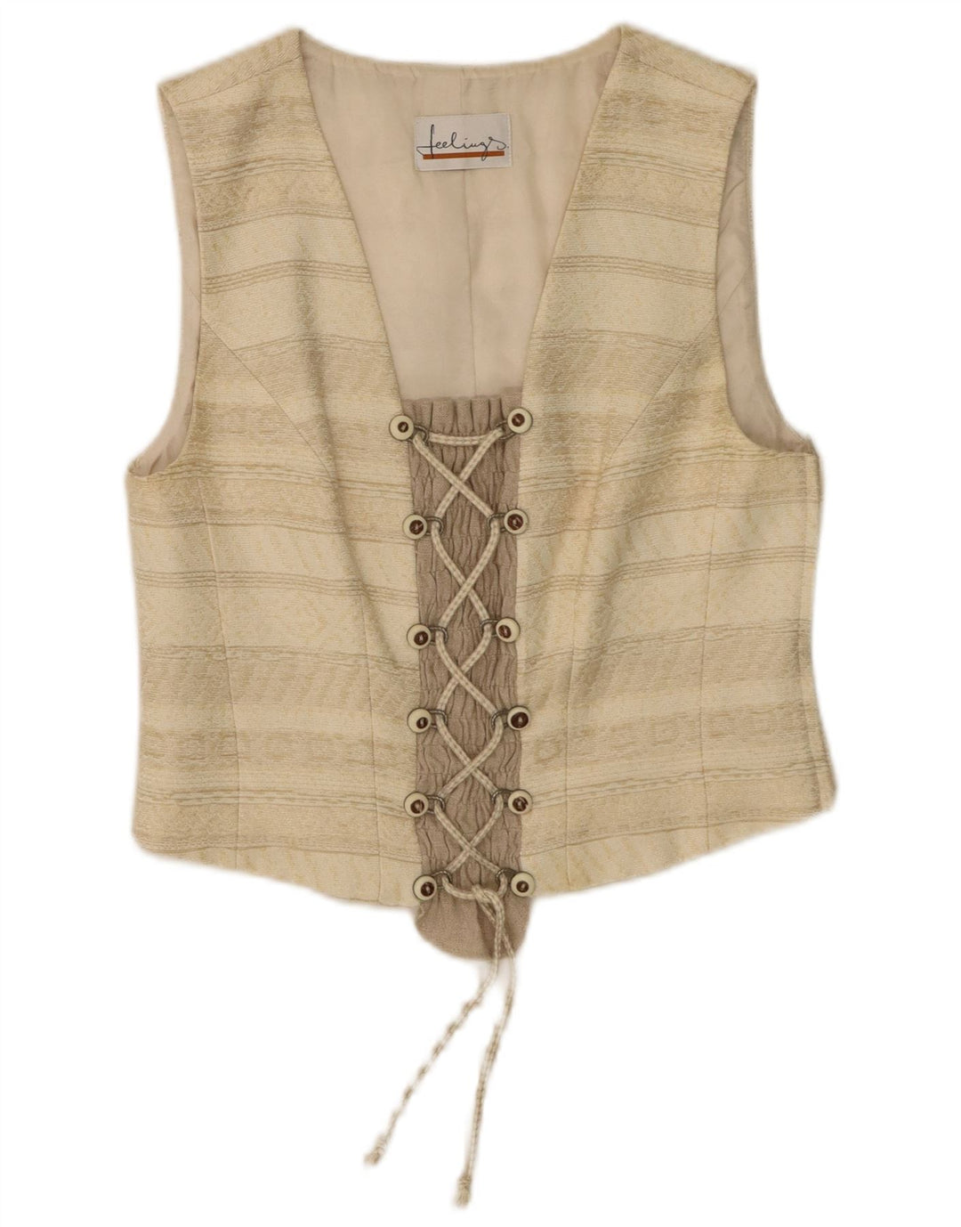 Vintage Damen Crop Top UK 12 Medium Beige Gestreiftes Acetat
