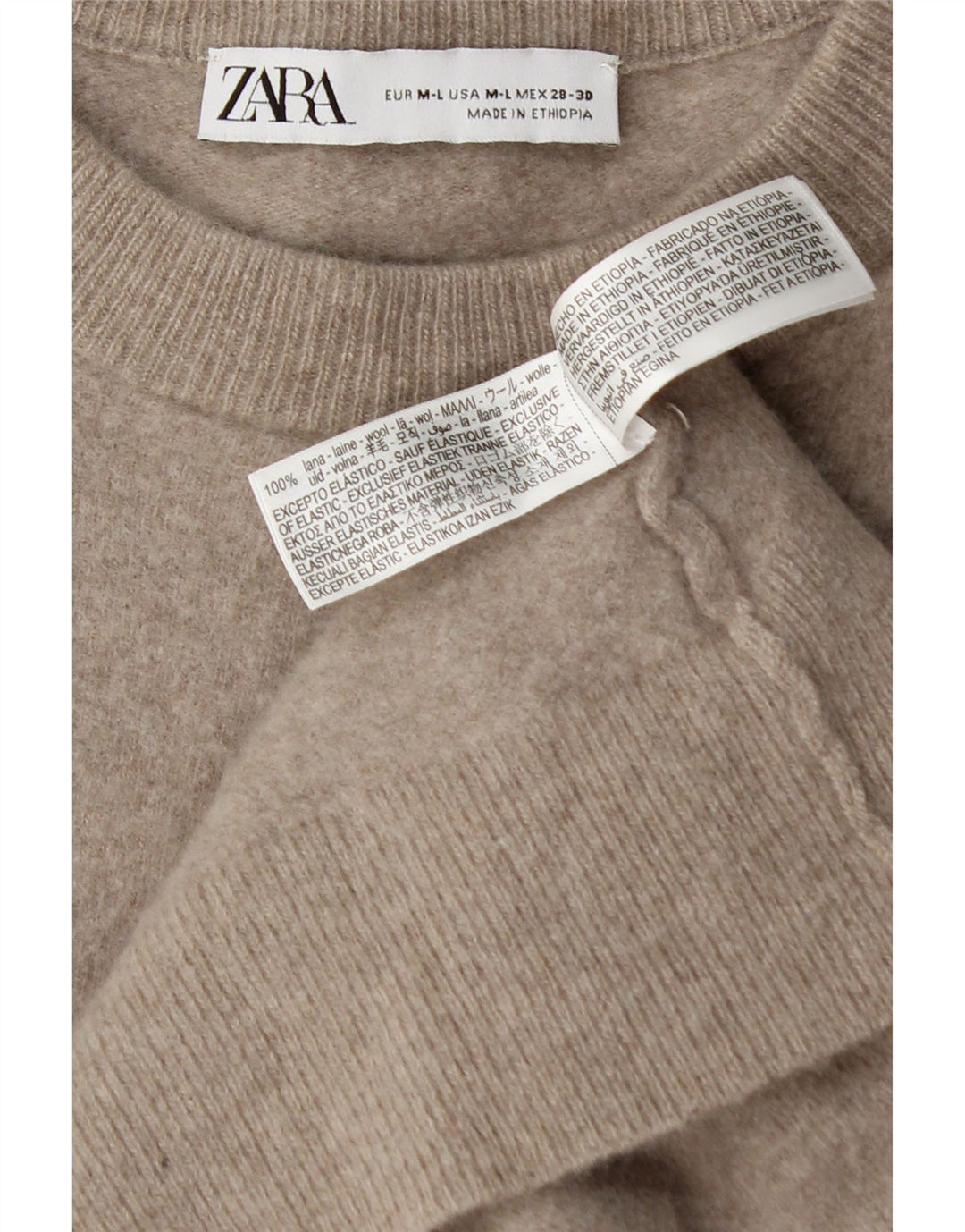 Zara Damen-Pullover, übergroß, Rundhalsausschnitt, Gr. 12, mittelbeige Wolle