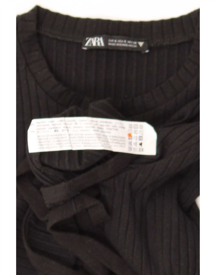 Zara Damen Crop Top Langarm UK 8 Small Schwarze Baumwolle