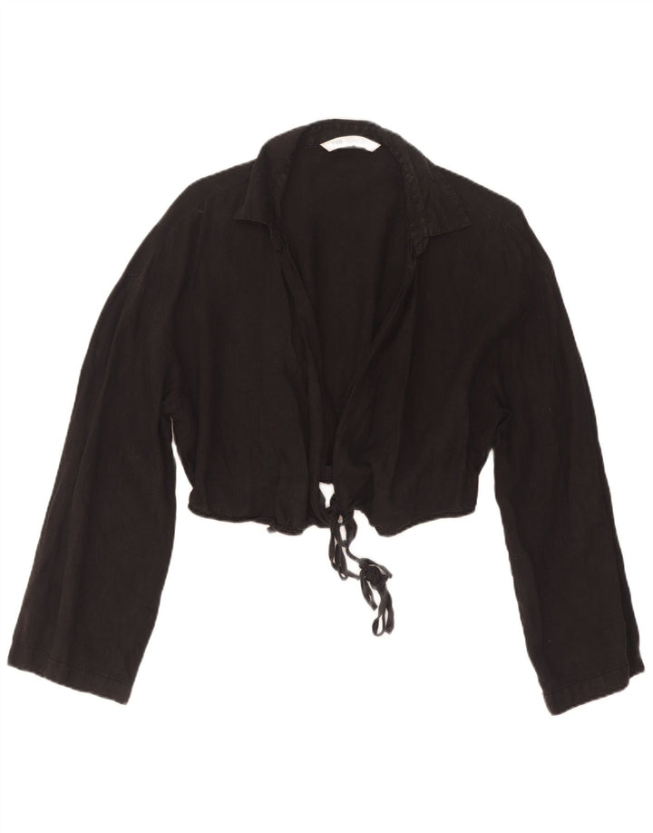 Zara Damen Crop Wrap Shirt Bluse UK 12 Medium Schwarz