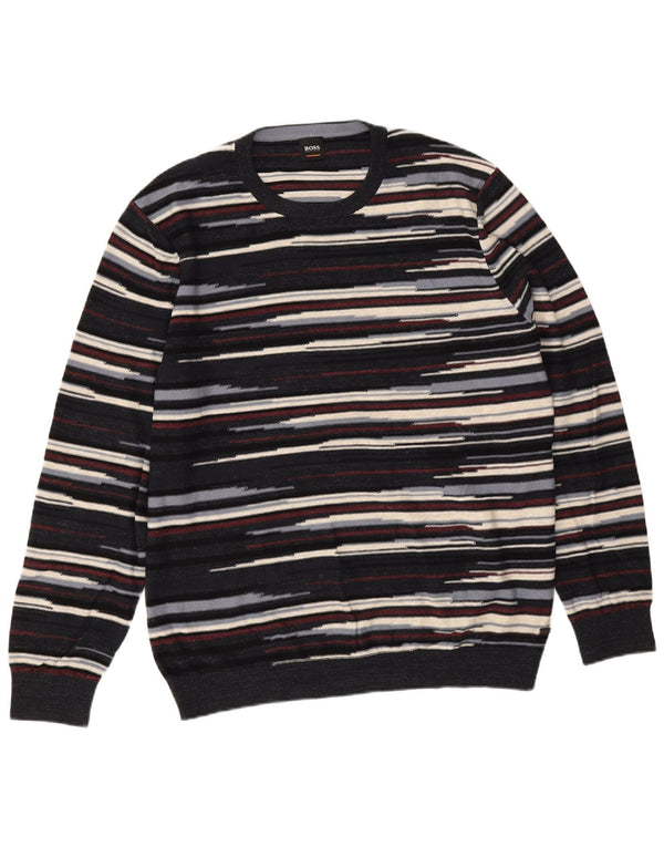Hugo Boss Herren-Pullover mit Rundhalsausschnitt, 2XL, marineblau, gestreift, Baumwolle