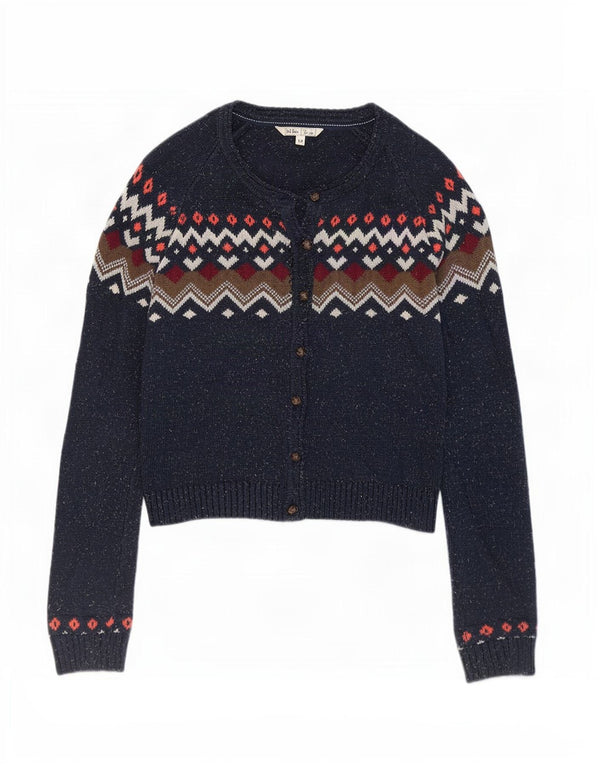 Fat Face Damen-Cardigan-Pullover UK 12 Mittelmarineblau Fair-Isle-Baumwolle