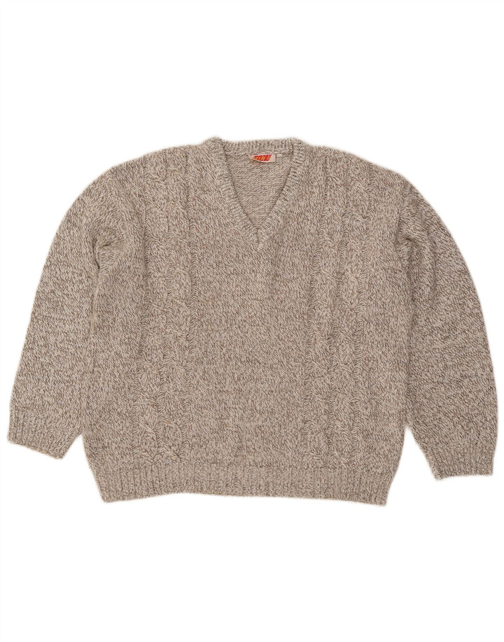 Vintage Herren V-Ausschnitt Pullover Pullover XL Braun meliert Wolle