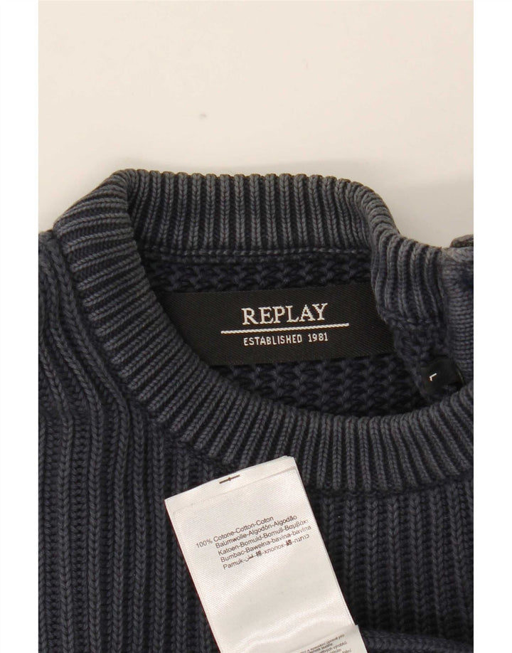 Replay Herren-Pullover mit Rundhalsausschnitt, groß, marineblaue Baumwolle