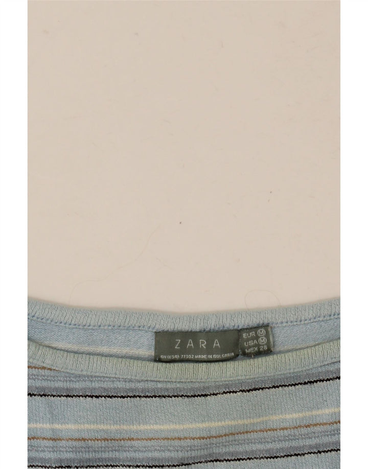 Zara Damen Crop Top 3/4 Ärmel UK 12 Mittelblau gestreift