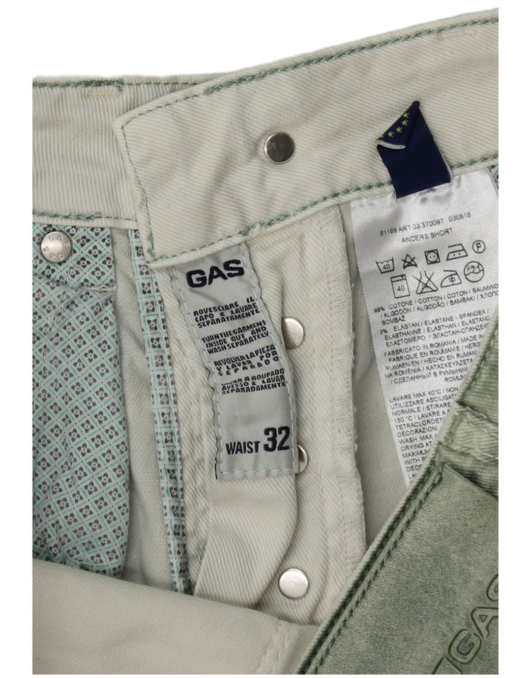Gas Herren Jeansshorts W32 mittelgrüne Baumwolle