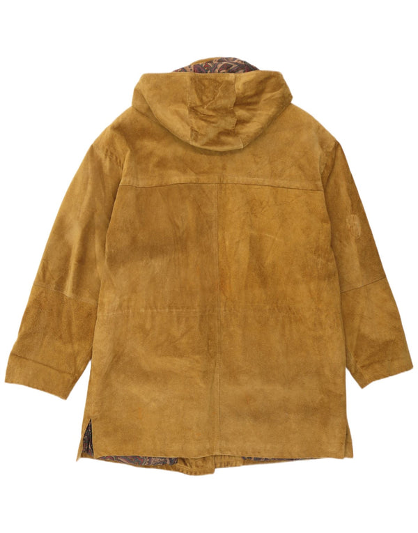 Vintage Damen Übergroßer Dufflecoat aus Wildleder mit Kapuze IT 50 XL Braunes Leder