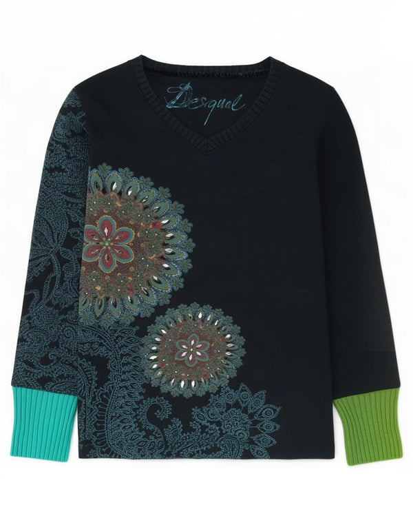 Desigual Womens Graphic Top Langarm UK 14 Medium Marineblau Baumwolle