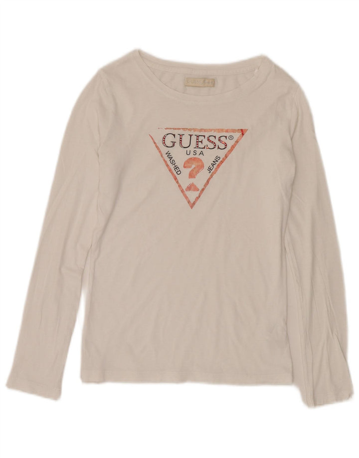 Guess Damen-Top mit Grafik, langärmlig, UK 10, Größe S, weiße Baumwolle