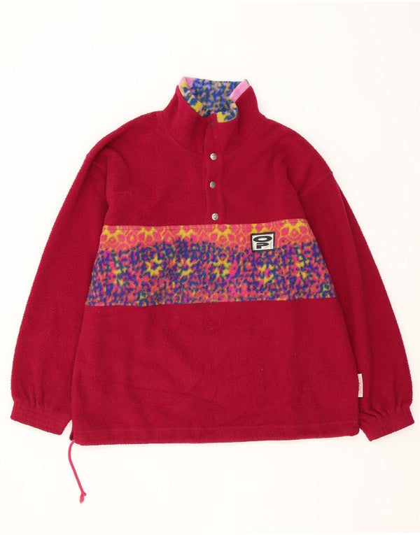 Vintage Herren-Fleecepullover mit Knopfkragen, groß, rosa, geometrisches Polyester