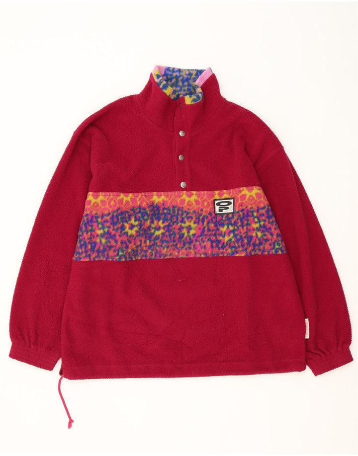 Vintage Herren-Fleecepullover mit Knopfkragen, groß, rosa, geometrisches Polyester
