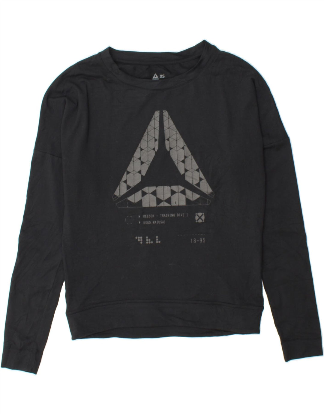 REEBOK Womens Graphic Sweatshirt Jumper UK 4/6 XS Black Polyester Vintage Reebok and Second-Hand Reebok from Messina Hembry 