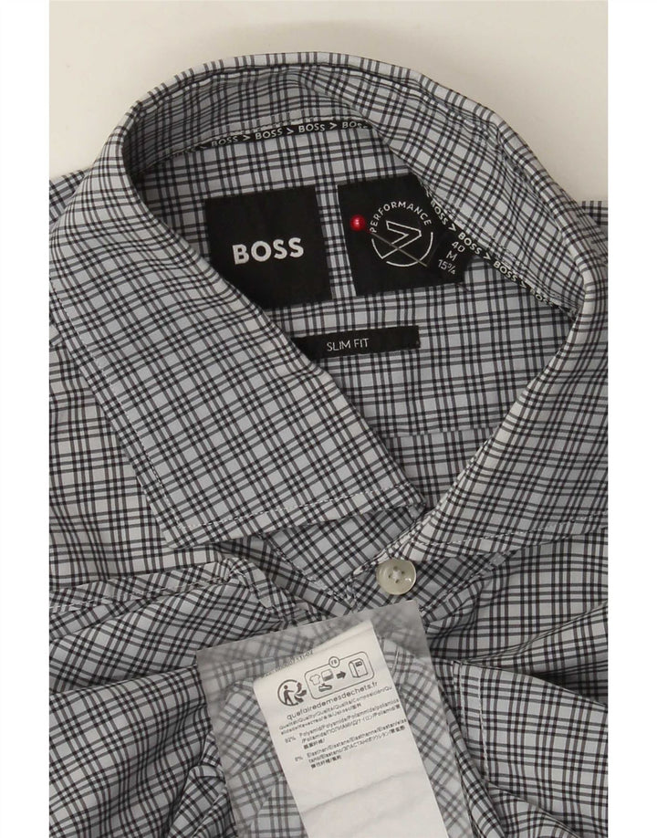 Hugo Boss Slim-Fit-Hemd für Herren, Größe 40, 15 3/4, mittelblaues Karo-Polyamid