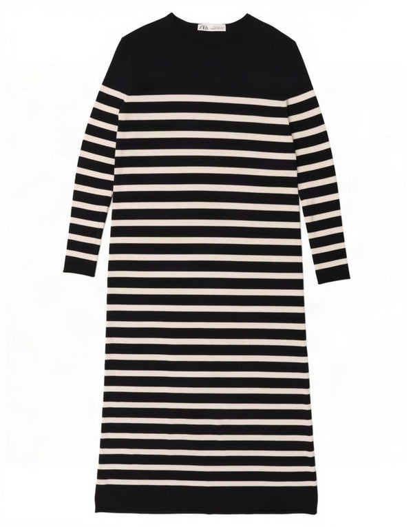 Zara Damen Langarm-Pulloverkleid UK 10 Small Marineblau gestreifte Viskose