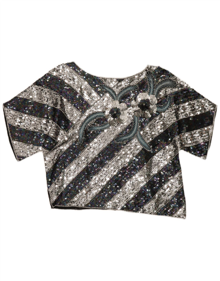 Vintage Damen Crop Graphic Bluse Top EU 40 Mittelschwarz gestreifte Seide