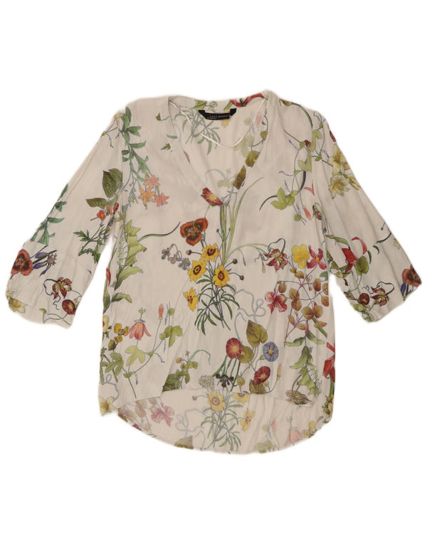 Zara Damen Pullover-Hemd mit 3/4-Ärmeln, lockerer Passform, UK 4 XS, weiß geblümt