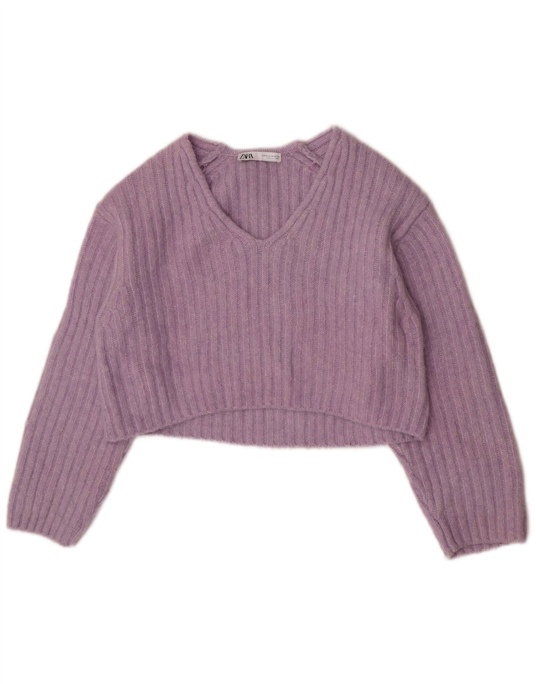 Zara Damen Crop V-Ausschnitt Pullover Pullover UK 14 Mittellila Polyester