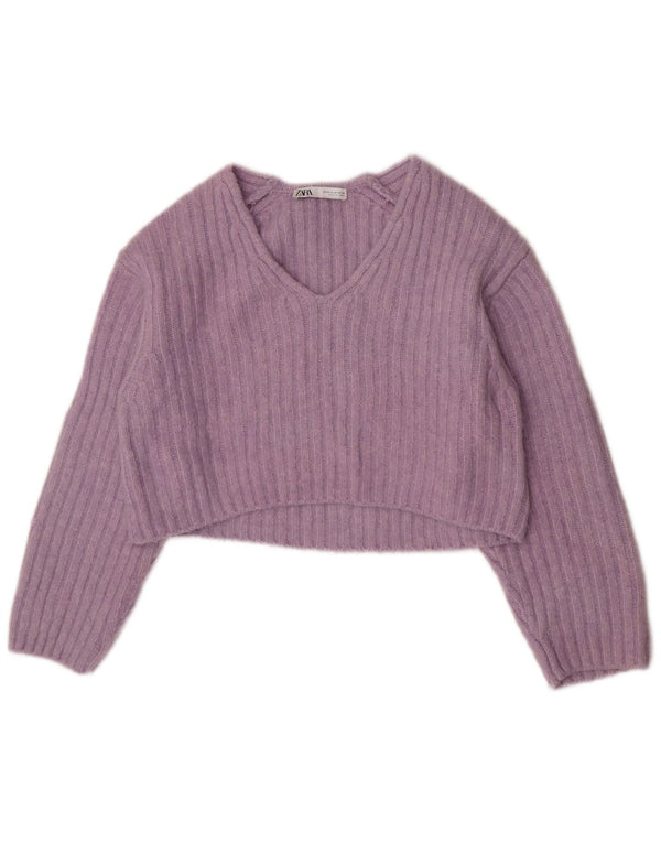 Zara Damen Crop V-Ausschnitt Pullover Pullover UK 14 Mittellila Polyester