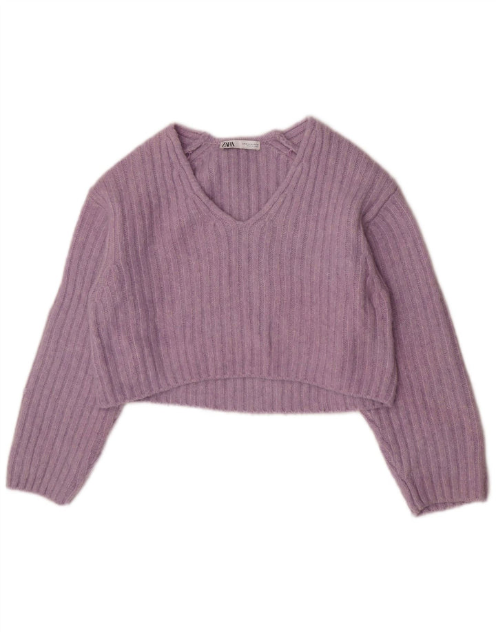 Zara Damen Crop V-Ausschnitt Pullover Pullover UK 14 Mittellila Polyester