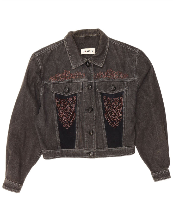 Vintage Damen Crop Jeansjacke UK 12 Mittelgrau Farbblock