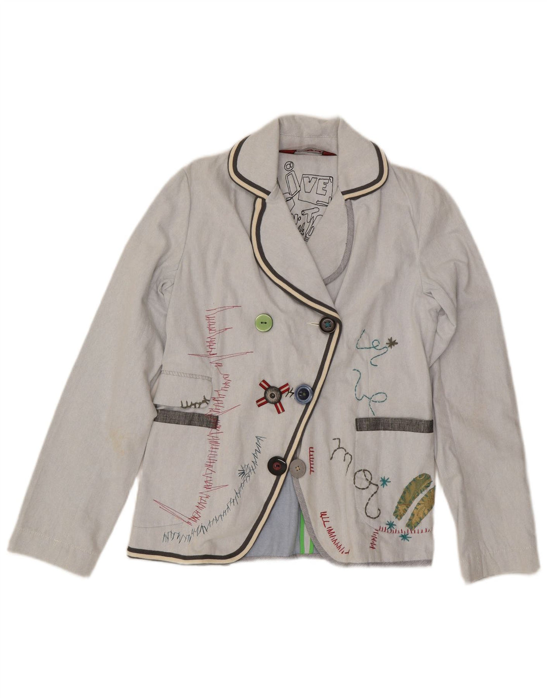 Desigual Womens Graphic 3 Button Blazer Jacke EU 42 Große blaue Baumwolle