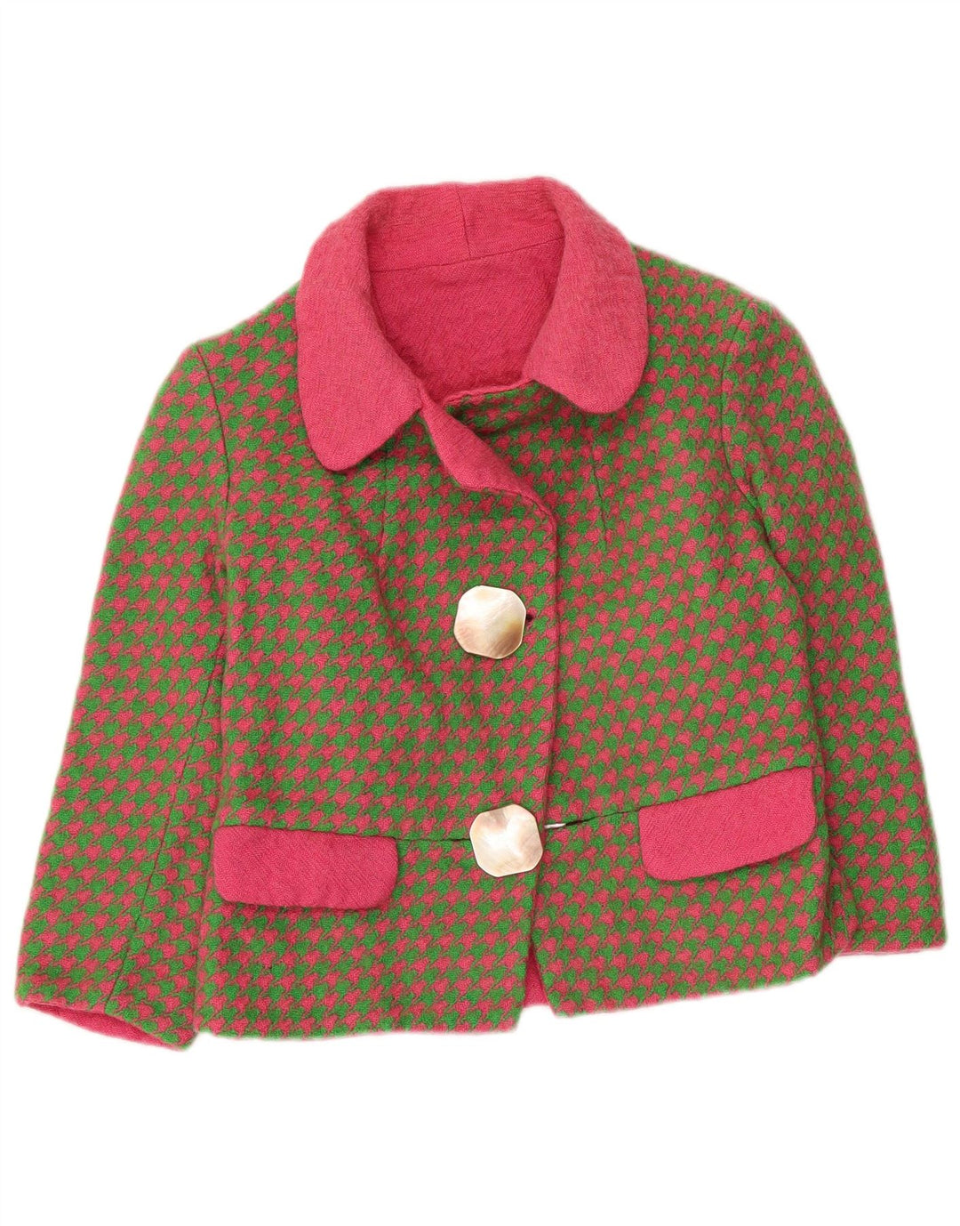 Vintage Damen 3/4 Ärmel Blazer Jacke UK 8 Small Khaki Houndstooth