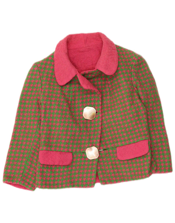 Vintage Damen 3/4 Ärmel Blazer Jacke UK 8 Small Khaki Houndstooth
