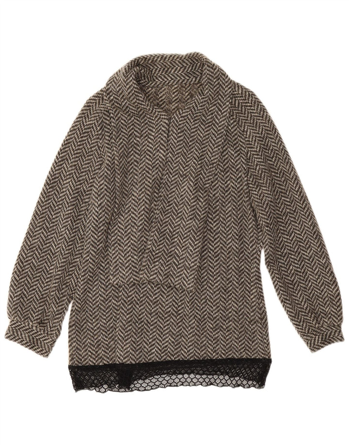 Vintage Damen-Bluse mit Vorderkrawatte, UK 14, großes graues Fischgrätenmuster