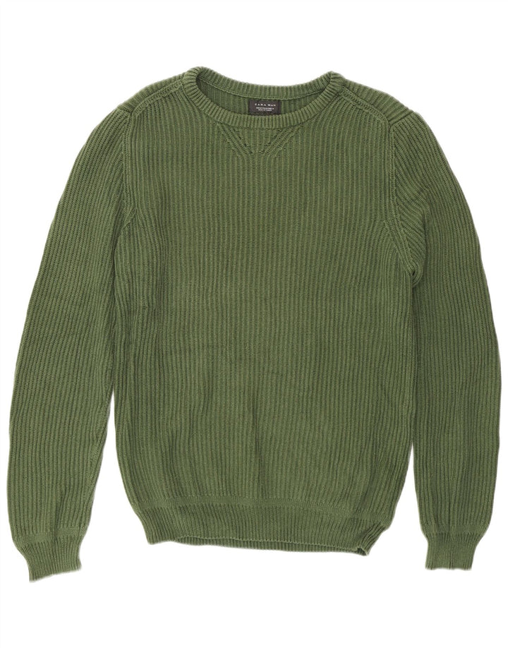 Zara Herren-Pullover mit Rundhalsausschnitt, mittelgrüne Baumwolle
