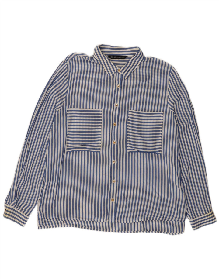 Zara Damen-Hemd UK 14 Mittelblaue Nadelstreifen-Viskose