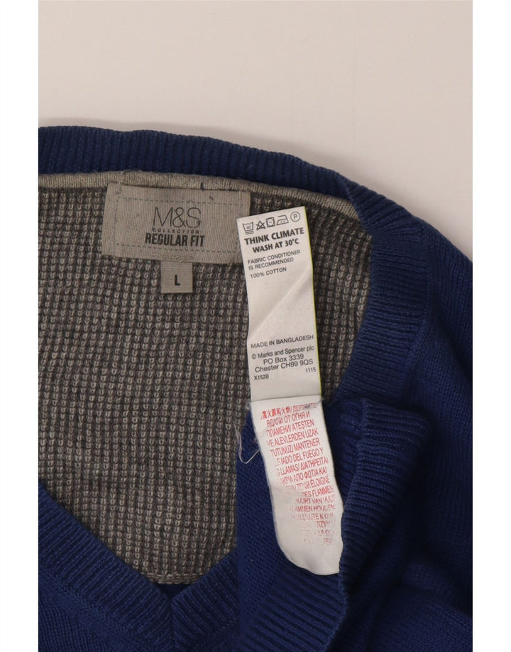 Marks & Spencer Herren-Pullover, reguläre Passform, V-Ausschnitt, Größe L, Blau, Baumwolle