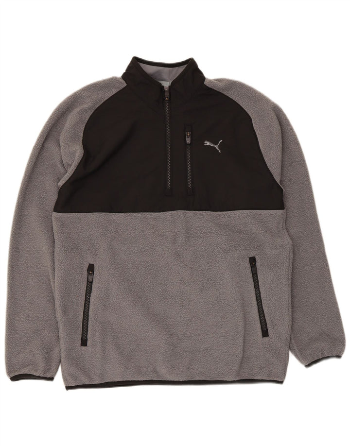 Puma Herren-Fleecepullover mit Reißverschluss am Hals, mittelgraues Farbblock-Polyester