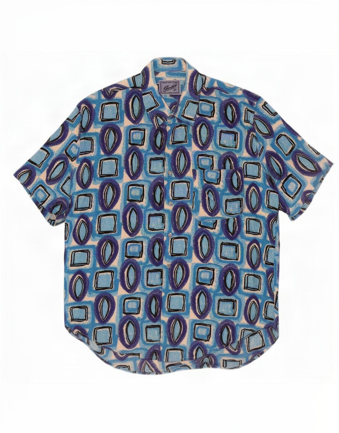 Vintage Herren Kurzarmhemd mittelblaue geometrische Viskose