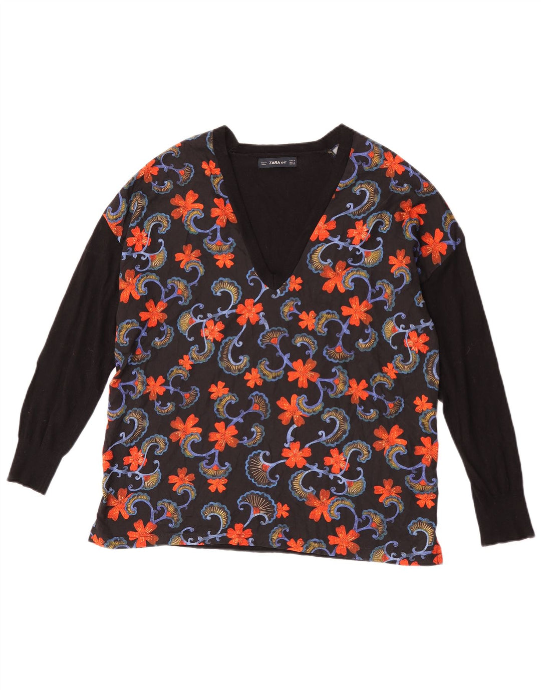 Zara Damen Top Langarm UK 14 Mittelschwarze geblümte Wolle