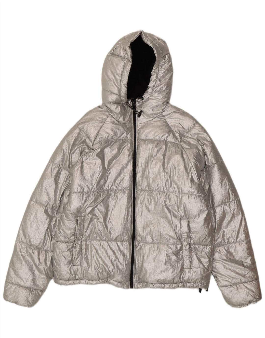 Zara Damen Übergroße, grafische Kapuzenjacke, wattiert, EU 38, klein, silberfarbenes Nylon