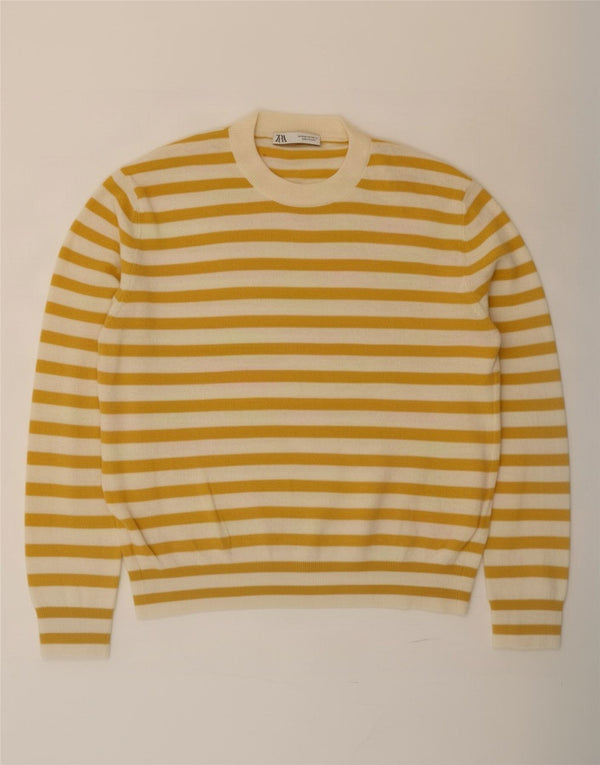 Zara Damen-Pullover mit Rundhalsausschnitt, UK 14, mittelgelb gestreift, Polyamid
