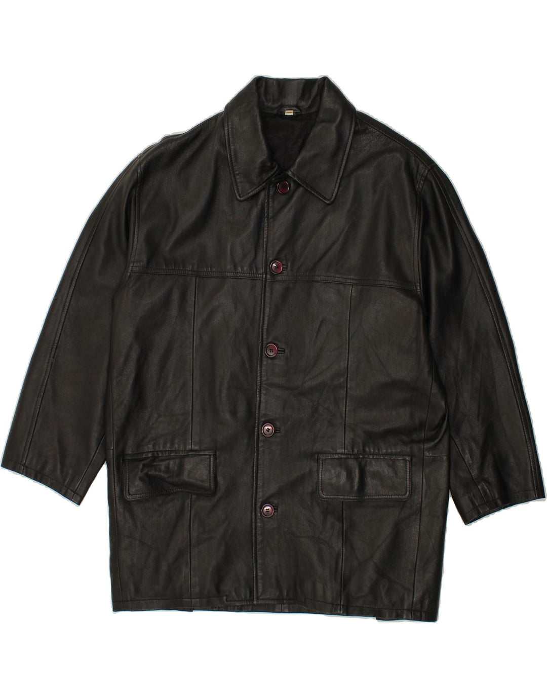 VINTAGE Herren-Ledermantel mit lockerer Passform, Größe 48, mittelschwarzes Leder