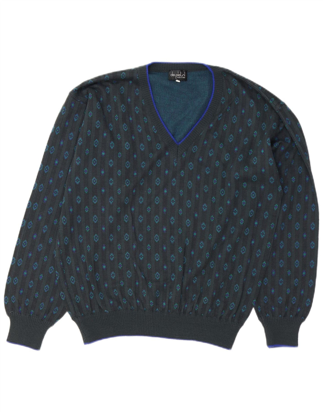 De Pietri Herren-Pullover mit V-Ausschnitt IT 50 mittelgraue geometrische Baumwolle
