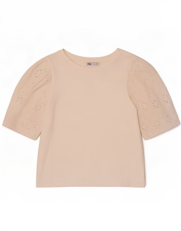 Zara Damen Crop T-Shirt Top UK 10 Small Weiß
