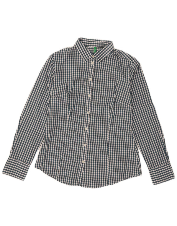 Benetton Womens Shirt UK 12 Medium Green Gingham Cotton